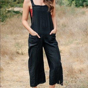 9 seed black linen overalls